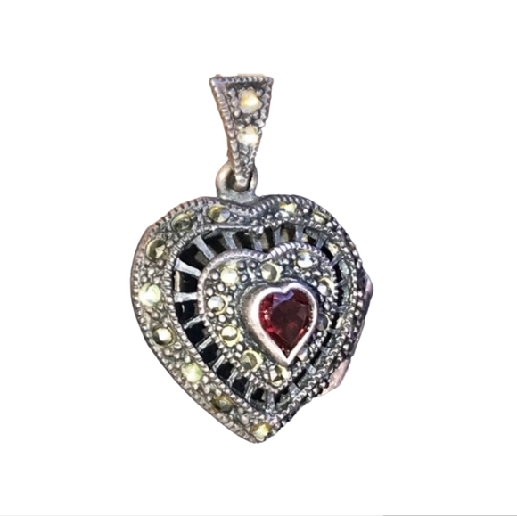 Dee Berkley Pure 925 Sterling Heart Locket Necklace Garnet Marcasite - Picture 8 of 8
